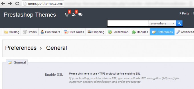 Prestashop SSL settings page