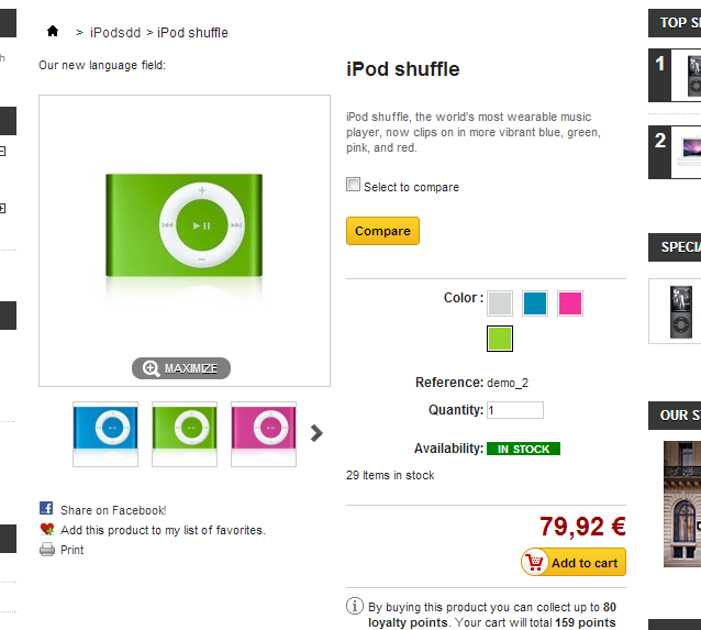 The Prestashop Compare button in a single product page