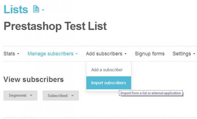 Prestashop newsletter subscribers Test List in Mailchimp