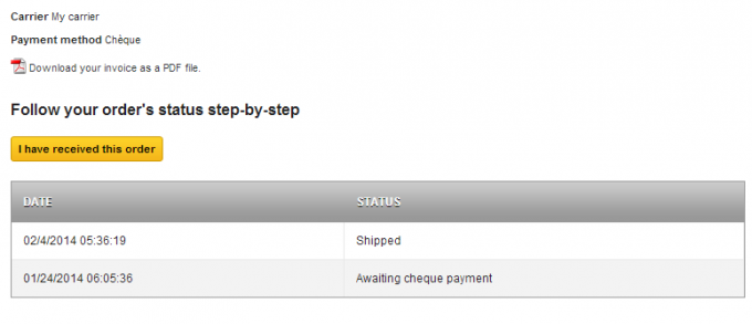 Prestashop order detail - adding the order received button